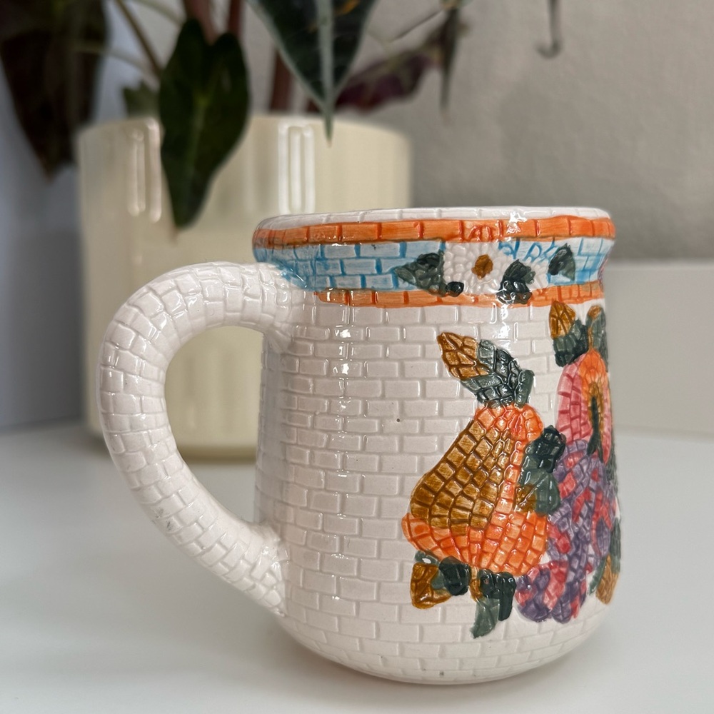 Vintage Floral Mosaic Cream Mug with Orange, Blue, Pink and Green Accents - Picture 6 of 11